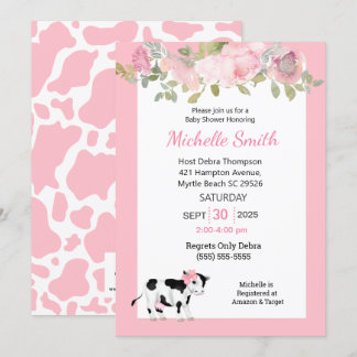 Invitación Impresión de vaca moderna y Baby Shower con flores