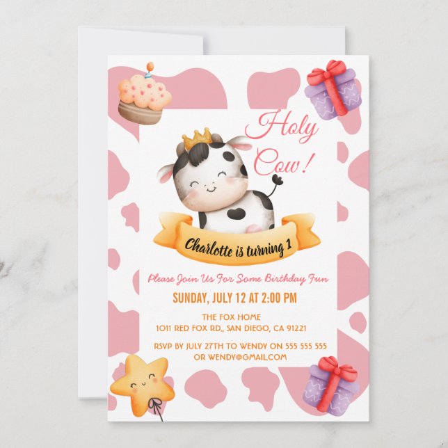 Invitación Impresión de vaca rosa primer cumpleaños Holly Cow (Anverso)