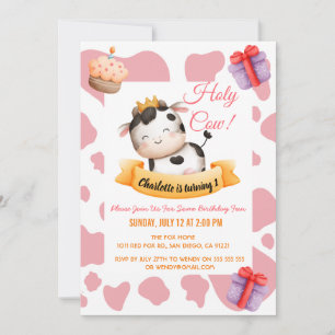 Invitación Impresión de vaca rosa primer cumpleaños Holly Cow