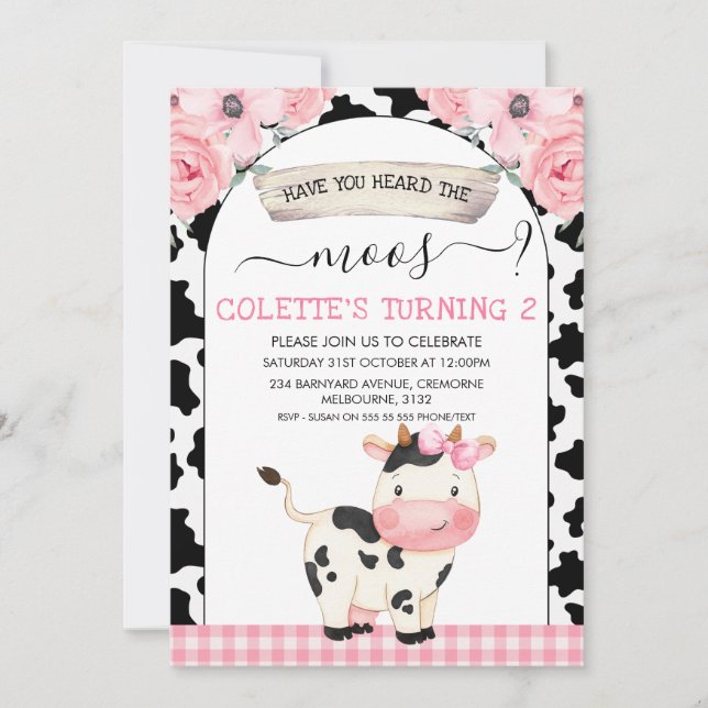 Invitación Impresión De Vacas Florales Te Han Oído El Cumplea (Anverso)