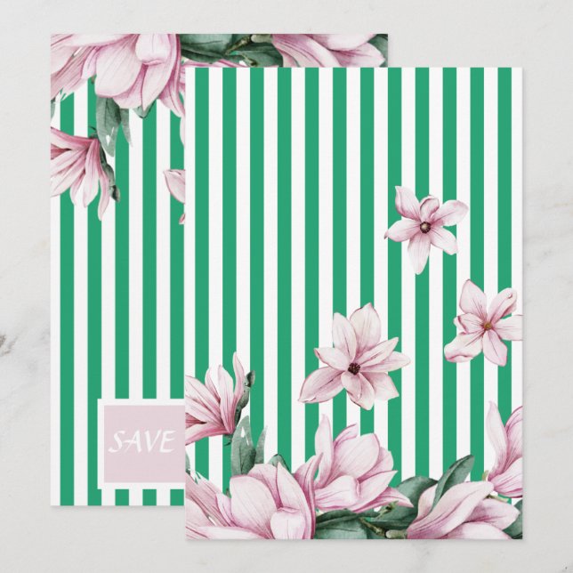 Invitación Impresión de verano, primavera, magnolia de rayas  (Anverso / Reverso)