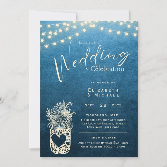 Invitación Impresión DIGITAL del Boda Blue Rustic Mason Jar (Anverso)