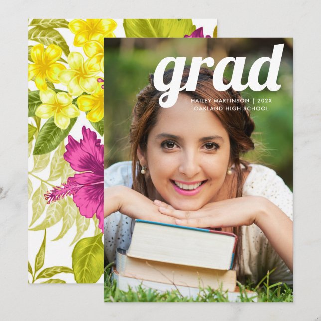 Invitación Impresión floral negrita con graduación de fotogra (Anverso / Reverso)