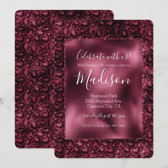 Invitación Impresión Glam Burgundy Leopard (Anverso / Reverso)