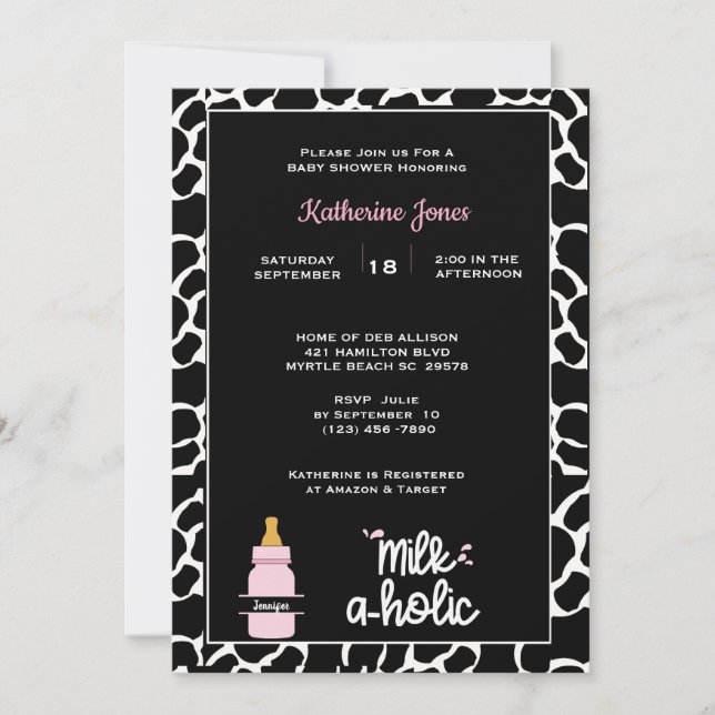Invitación Impresión lechera personalizada Milkaholic Baby Sh (Anverso)