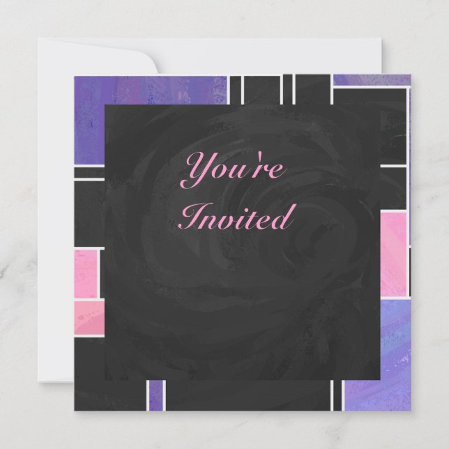 Invitación Impresión negra mondriana morada rosada (Anverso)