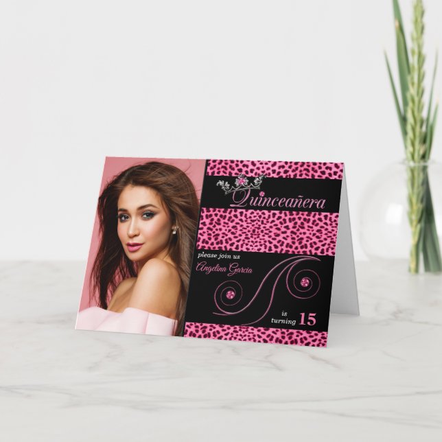 Invitación Impresión Quinceanera Rosa Cheetah con foto (Anverso)