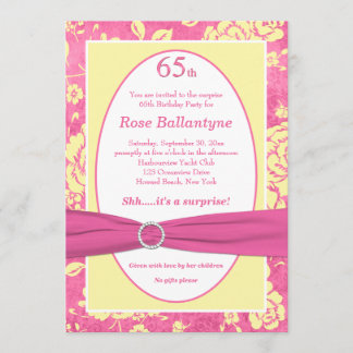 Invitación IMPRESIÓN RIBBON Amarillo rosado 65 cumpleaños inv