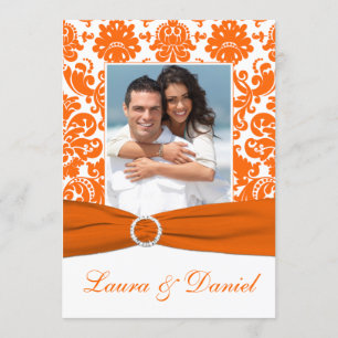 Invitación IMPRESIÓN RIBBON Blanco, Naranja Damask Wedding In