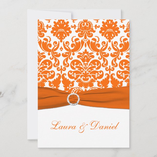 Invitación IMPRESIÓN RIBBON Blanco, Naranja Damask Wedding In (Anverso)