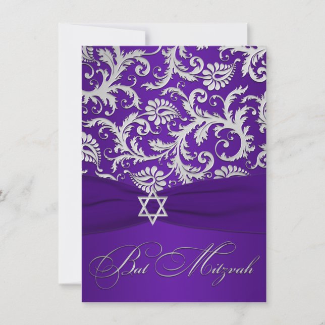 Invitación IMPRESIÓN RIBBON Purple, Silver Damask Bat Mitzvah (Anverso)