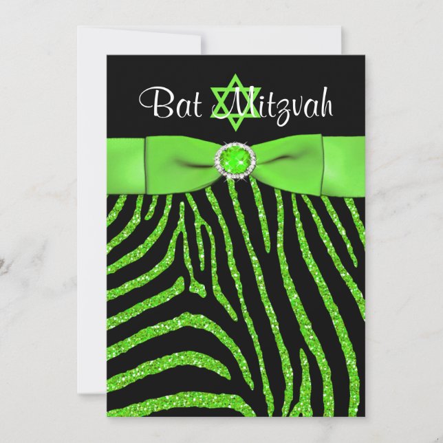 Invitación IMPRESIÓN RIBBON Purpurina de cebra Bat Mitzvah In (Anverso)