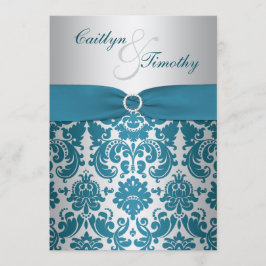 Invitación IMPRESIÓN RIBBON Silver, Verde azulado Damask Wedd