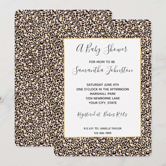 Invitación Impresión rosa Rubor Gold Leopard (Anverso / Reverso)