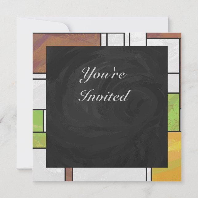 Invitación Impresión verde amarillo marrón mondriano (Anverso)