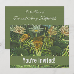 Invitación Impresión vintage de león en jungla tropical de He