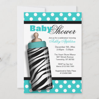 Invitación Impresión Zebra Baby Botella Turquesa Baby Shower