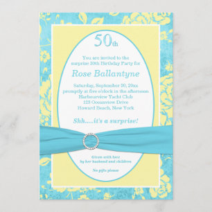 Invitación IMPRESIONADA RIBBON Blue Yellow 50th Birthday Invi
