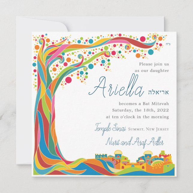 Invitación Impresionante árbol colorido de la vida en Jerusal (Anverso)