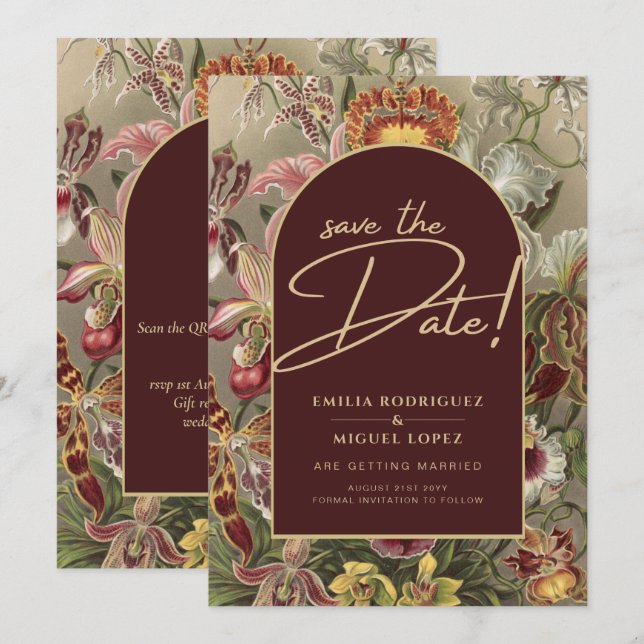 Invitación Impresionante Boda Botánica Borgoña Floral (Anverso / Reverso)