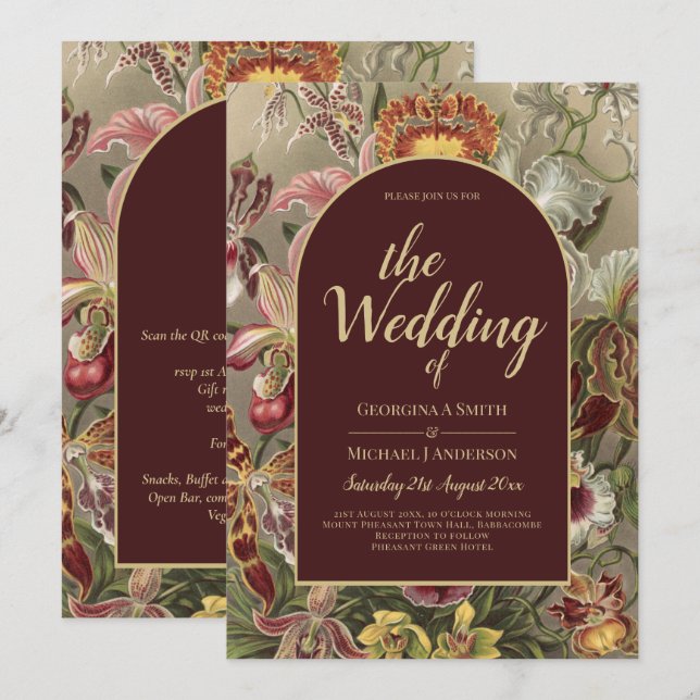 Invitación Impresionante Boda Botánica Borgoña Floral (Anverso / Reverso)