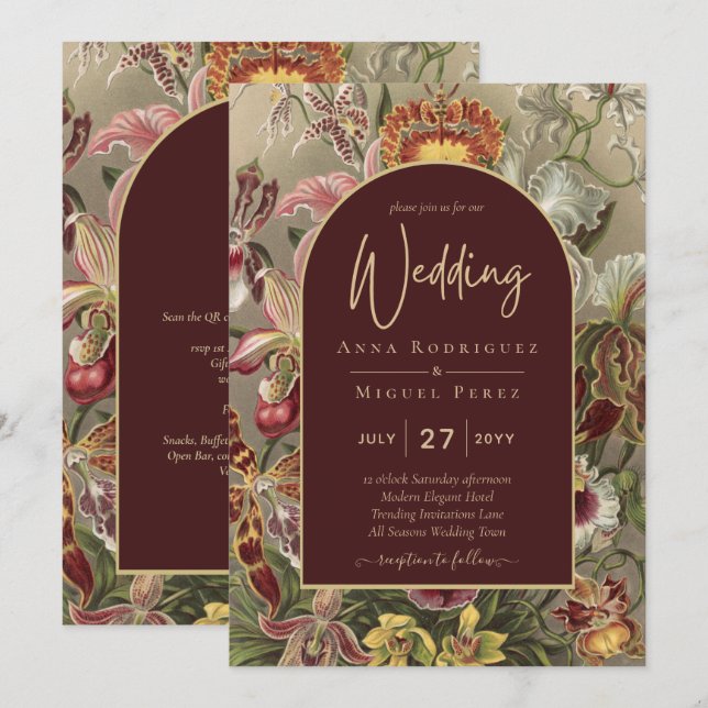 Invitación Impresionante Boda Botánica Borgoña Floral (Anverso / Reverso)