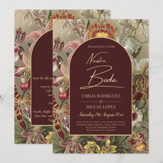 Invitación Impresionante Boda Botánica Borgoña Floral (Anverso / Reverso)