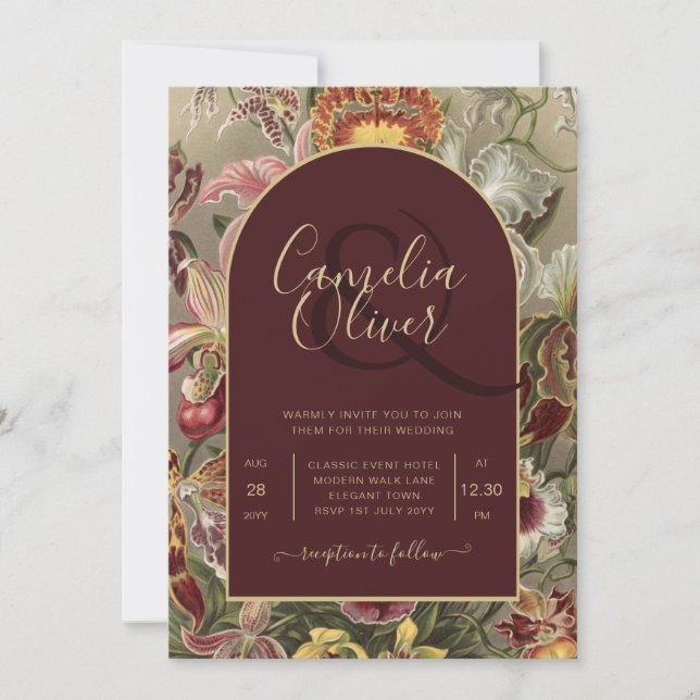 Invitación Impresionante Boda Botánica Borgoña Floral (Anverso)