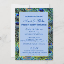 Invitación Impresionante Boda de plumas de pavo real azul y o