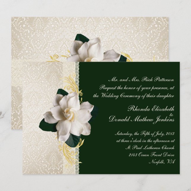 Invitación Impresionante Boda verde oscuro y marfil-gandiano (Anverso / Reverso)