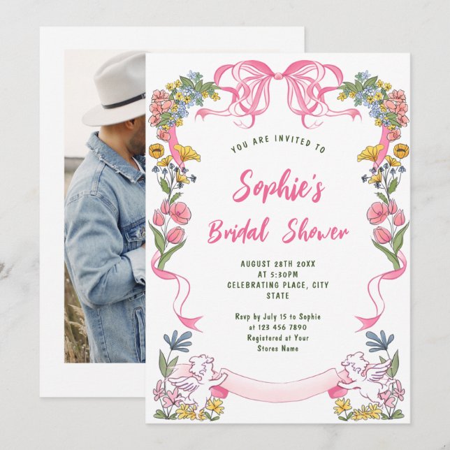 Invitación Impresionante ducha retro de novias con mano desga (Anverso / Reverso)