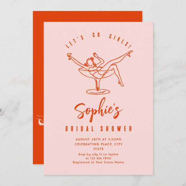 Invitación Impresionante ducha retro de novias con mano desga (Anverso / Reverso)