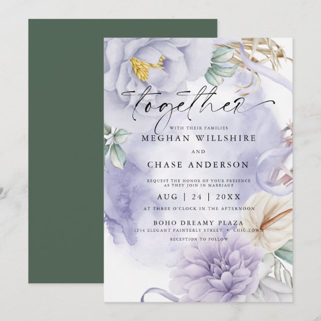 Invitación Impresionante Floral de acuarela de Lilac (Anverso / Reverso)