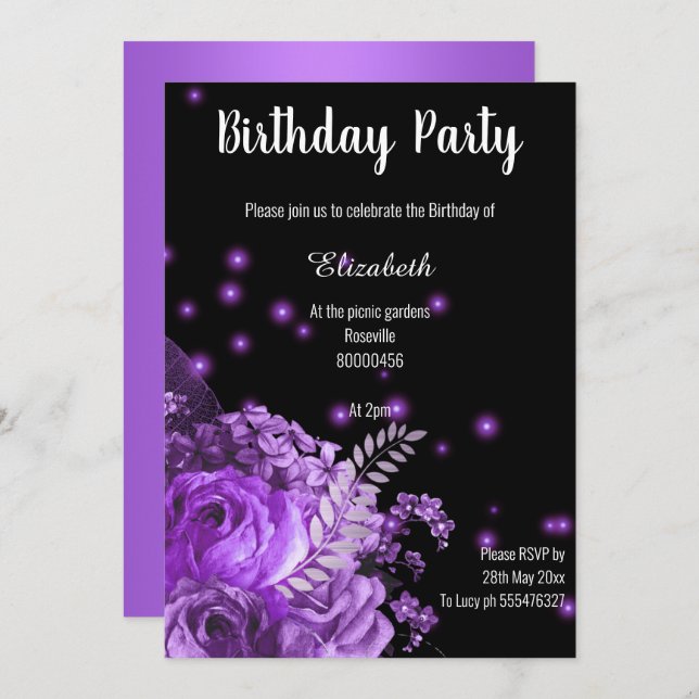 INVITACIÓN IMPRESIONANTE JARDÍN FLORAL NEGRO PURPLE CUMPLEAÑO (Anverso / Reverso)