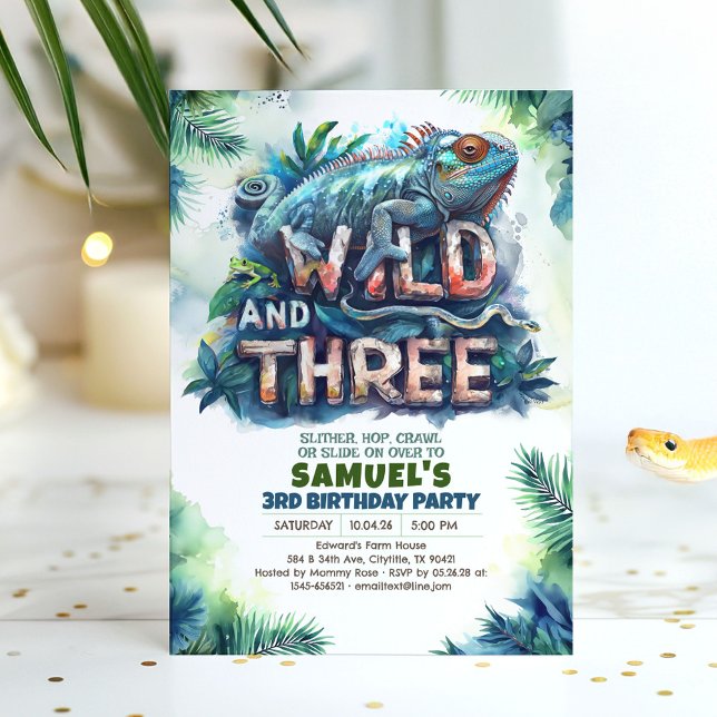 Invitación Impresionantes reptiles salvajes y tres Fiestas de (Wild and Three Birthday Invitation)