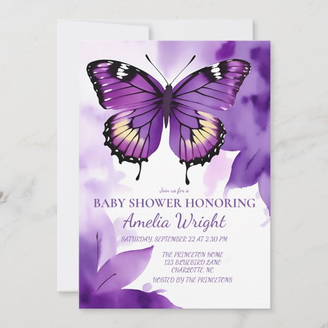 Invitación Impresiones de mariposa morada acuarela (Anverso)