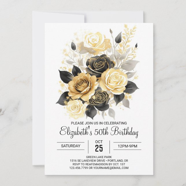 Invitación Imprimible Bloom Gold y Black 50th Birthday (Anverso)