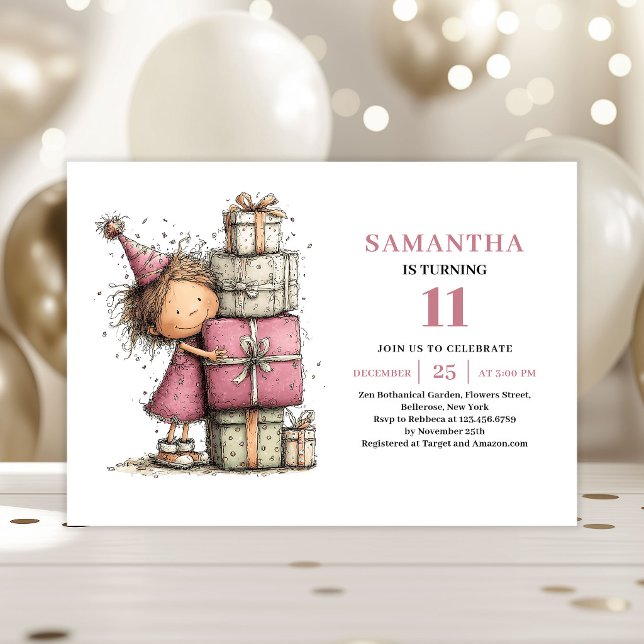 Invitación Imprimible Cumpleaños Caprichosa Niña 1 (Whimsical Girl 11th Birthday Invite Printable)