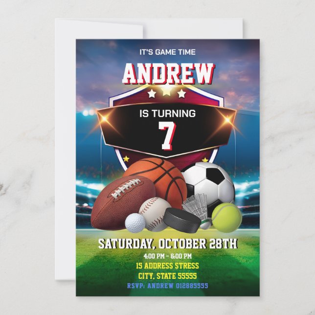 Invitación imprimible de cumpleaños de deporte per (Anverso)