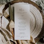 Invitación Imprimible | Menú mínimo de Boda verde oliva<br><div class="desc">Esta tarjeta de menú mínima de boda verde oliva imprimible es perfecta para un boda boho. El diseño presenta una sencilla silueta de hojas de vegetación en verde oliva con un estilo bohemio minimalista de montaña. Este menú se puede utilizar para la recepción de bodas, la cena de ensayo o...</div>