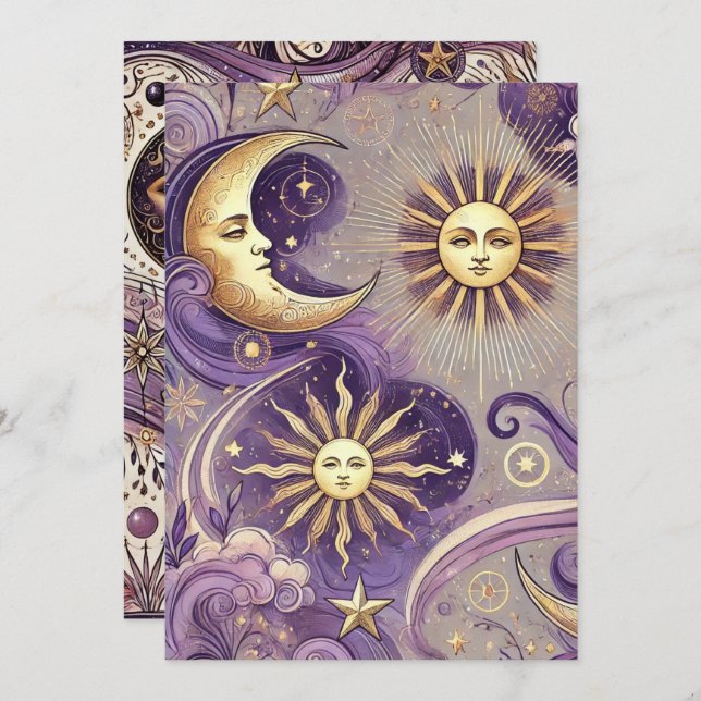 Invitación Imprimible morado y oro Boho Celestial Sun & Moon (Anverso / Reverso)