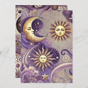 Invitación Imprimible morado y oro Boho Celestial Sun & Moon