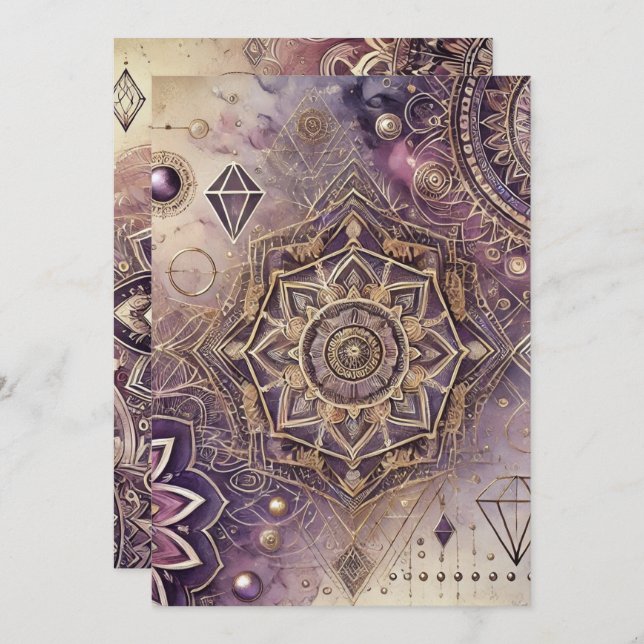 Invitación Imprimible morado y oro manadas intrincadas (Anverso / Reverso)