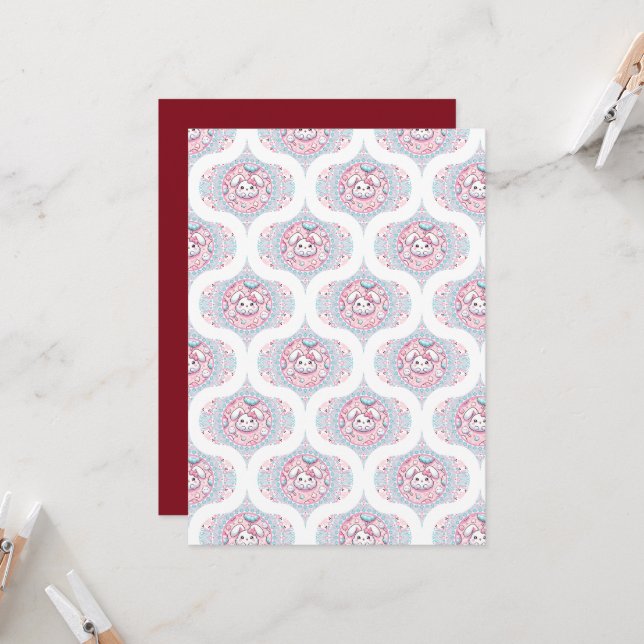 Invitación Imprimible Pastel Kawaii Bunny Retro Ogee (Anverso/Reverso In Situ)