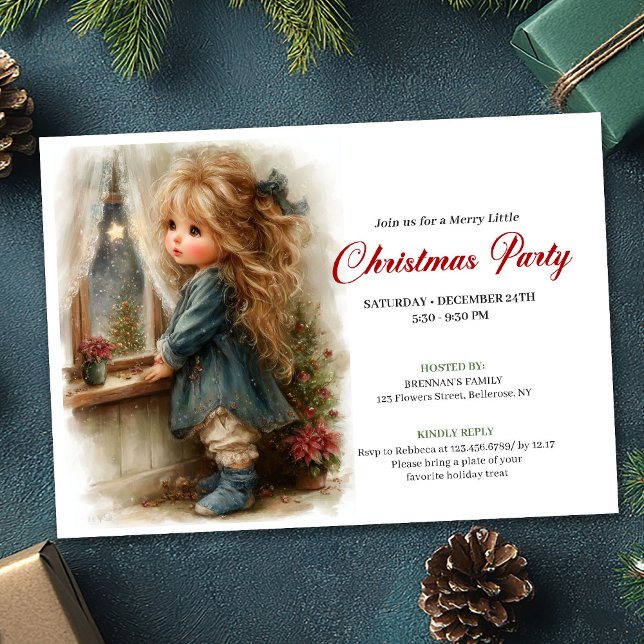 Invitación imprimible rústica de niña esperando a  (Rustic little girl awaiting Santa printable invitation

)