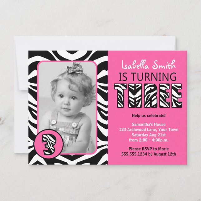 Invitación Imprimir cebra Chicas rosas tercer cumpleaños (Anverso)