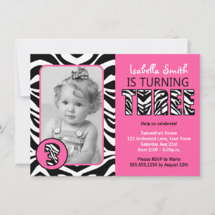 Invitación Imprimir cebra Chicas rosas tercer cumpleaños