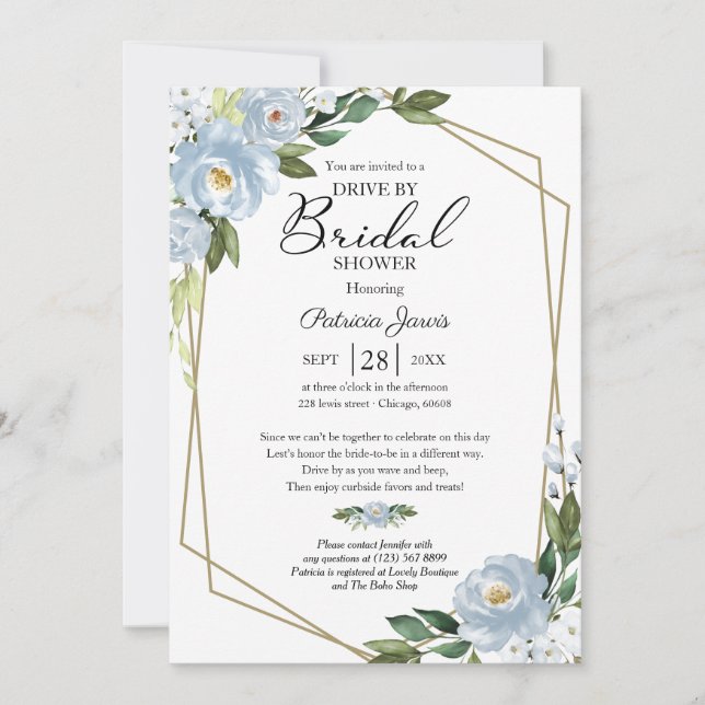 Invitación Impulsión Floral Azul Dusto Geométrica Por Ducha B (Anverso)