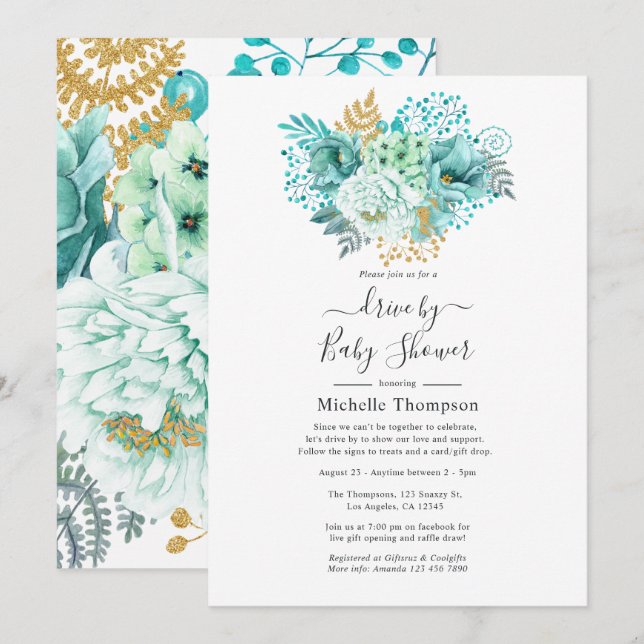 Invitación Impulsión floral de acuarela de menta y oro por du (Anverso / Reverso)