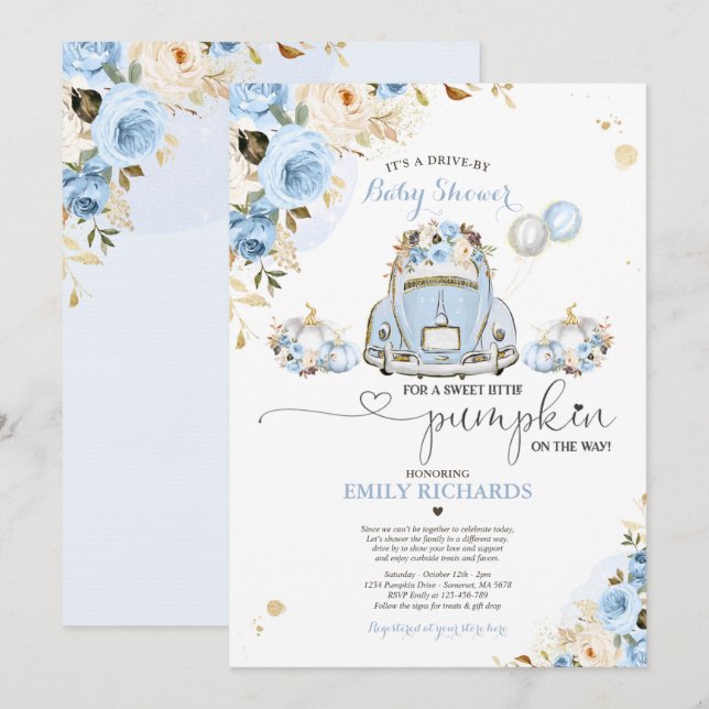 Invitación Impulso De Baby Shower Blue Floral Rosas Pumpkin (Anverso / Reverso)